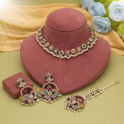 Graceful Multi Color Kundan Necklace Set For Women Festive Occasion Styling