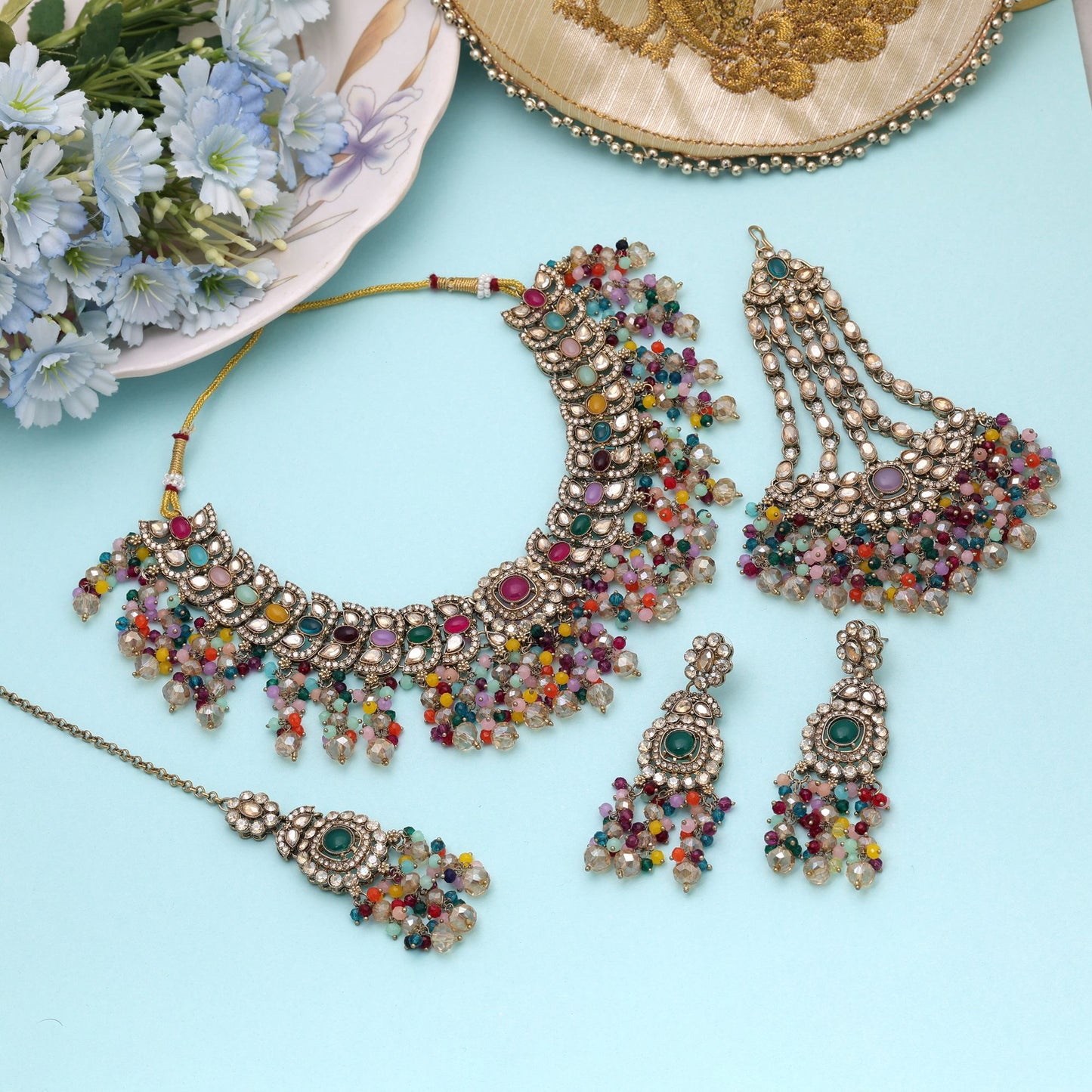 Attractive Multi Color Kundan Necklace Set With Elegant Ethnic Fashion Touch