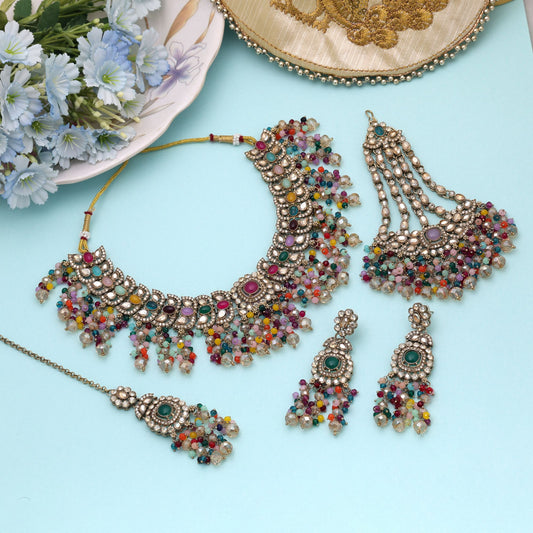 Attractive Multi Color Kundan Necklace Set With Elegant Ethnic Fashion Touch