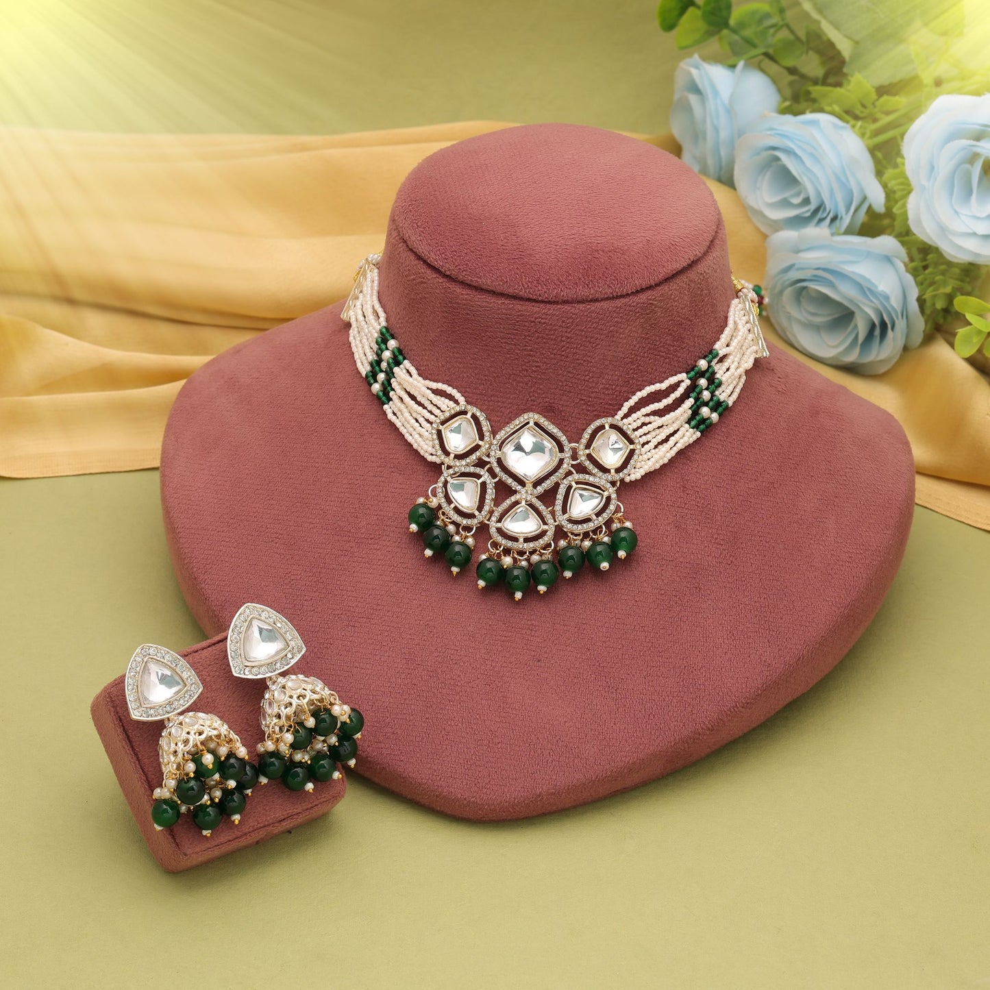 Beautiful Green Color Choker Kundan Necklace Set With Antique Ethnic Finish