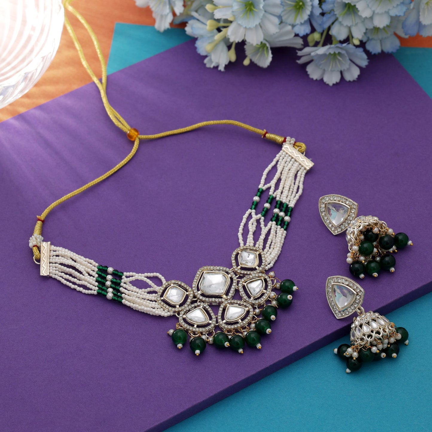 Beautiful Green Color Choker Kundan Necklace Set With Antique Ethnic Finish