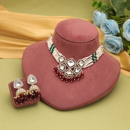 Royal Maroon Color Choker Kundan Necklace Set For Bridal Festive Styling