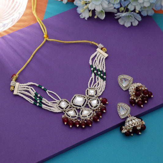 Royal Maroon Color Choker Kundan Necklace Set For Bridal Festive Styling