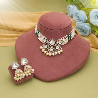 Charming White Color Choker Kundan Necklace Set For Traditional Party Wear