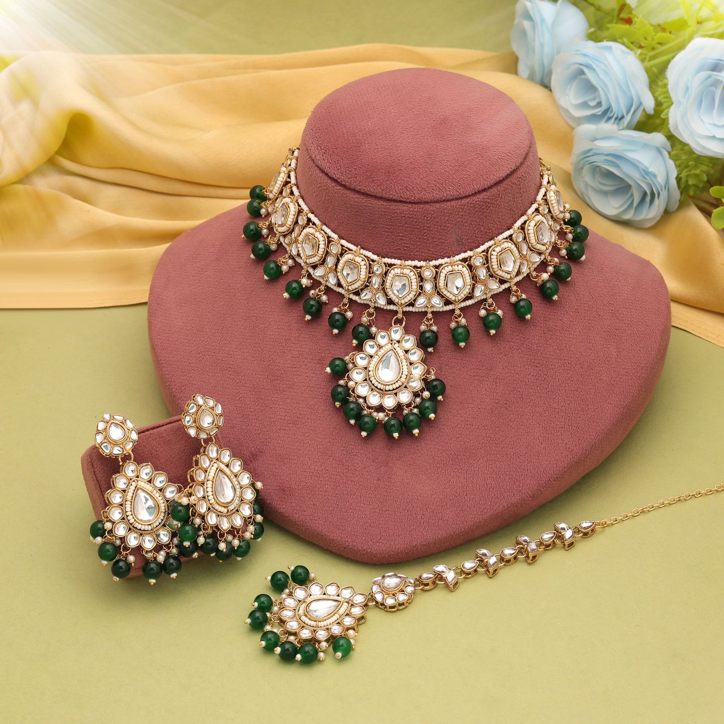 Stylish Green Color Kundan Necklace Set With Royal Festive Traditional Appeal