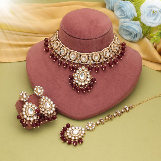 Designer Maroon Color Kundan Necklace Set With Traditional Ethnic Elegance Style