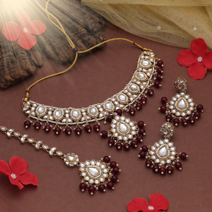 Designer Maroon Color Kundan Necklace Set With Traditional Ethnic Elegance Style