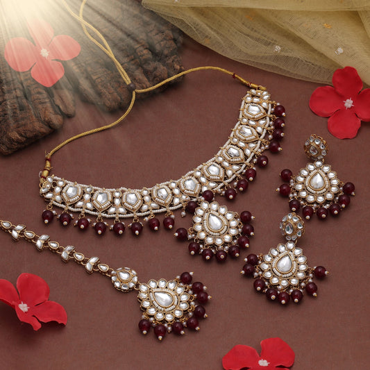 Designer Maroon Color Kundan Necklace Set With Traditional Ethnic Elegance Style