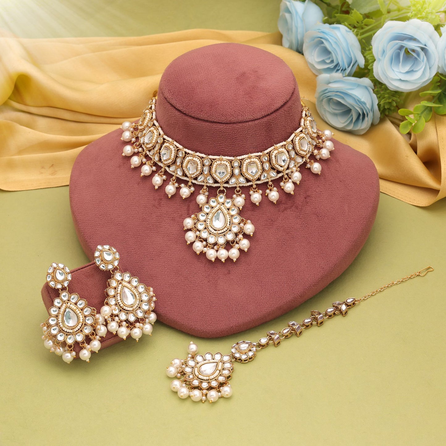 Elegant White Color Kundan Necklace Set For Women Wedding Party Collection