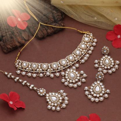 Elegant White Color Kundan Necklace Set For Women Wedding Party Collection