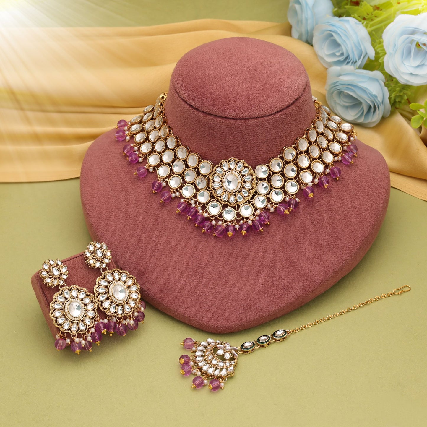 Graceful Light Purple Color Kundan Necklace Set For Ethnic Fashion Lovers