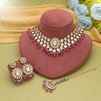 Graceful Light Purple Color Kundan Necklace Set For Ethnic Fashion Lovers