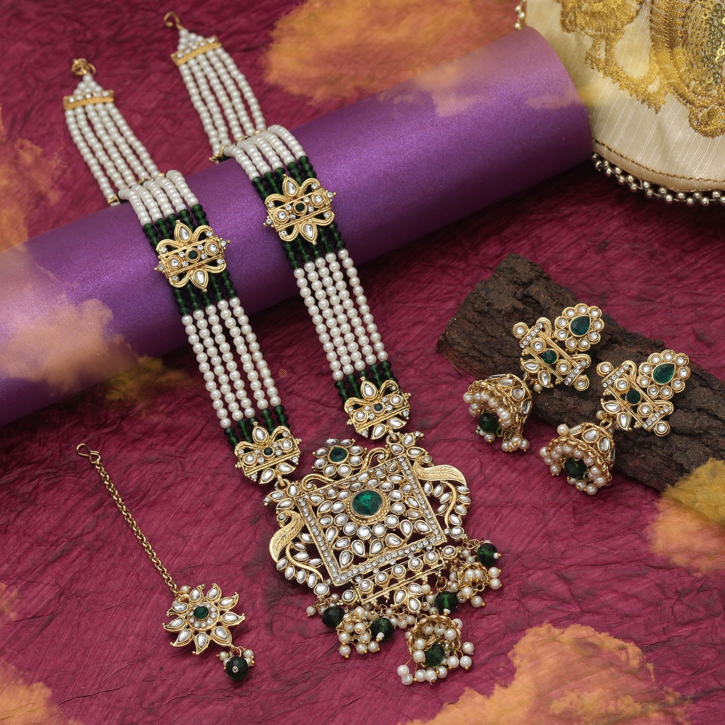 Elegant Green Color Long Kundan Necklace Set With Royal Ethnic Touch