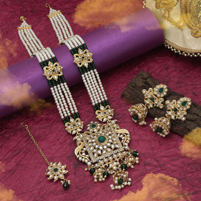 Elegant Green Color Long Kundan Necklace Set With Royal Ethnic Touch