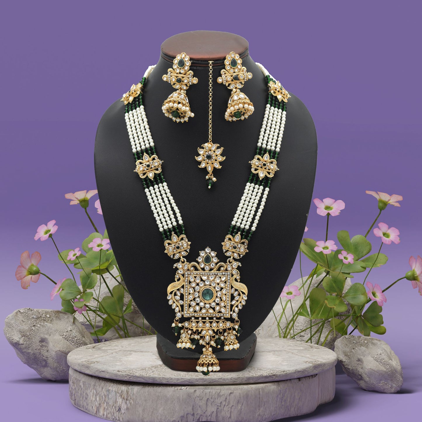 Elegant Green Color Long Kundan Necklace Set With Royal Ethnic Touch