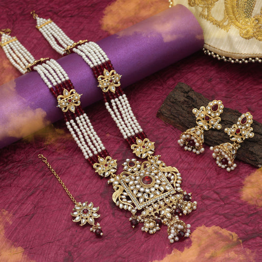 Premium Maroon Color Long Kundan Necklace Set For Wedding Festive Occasions