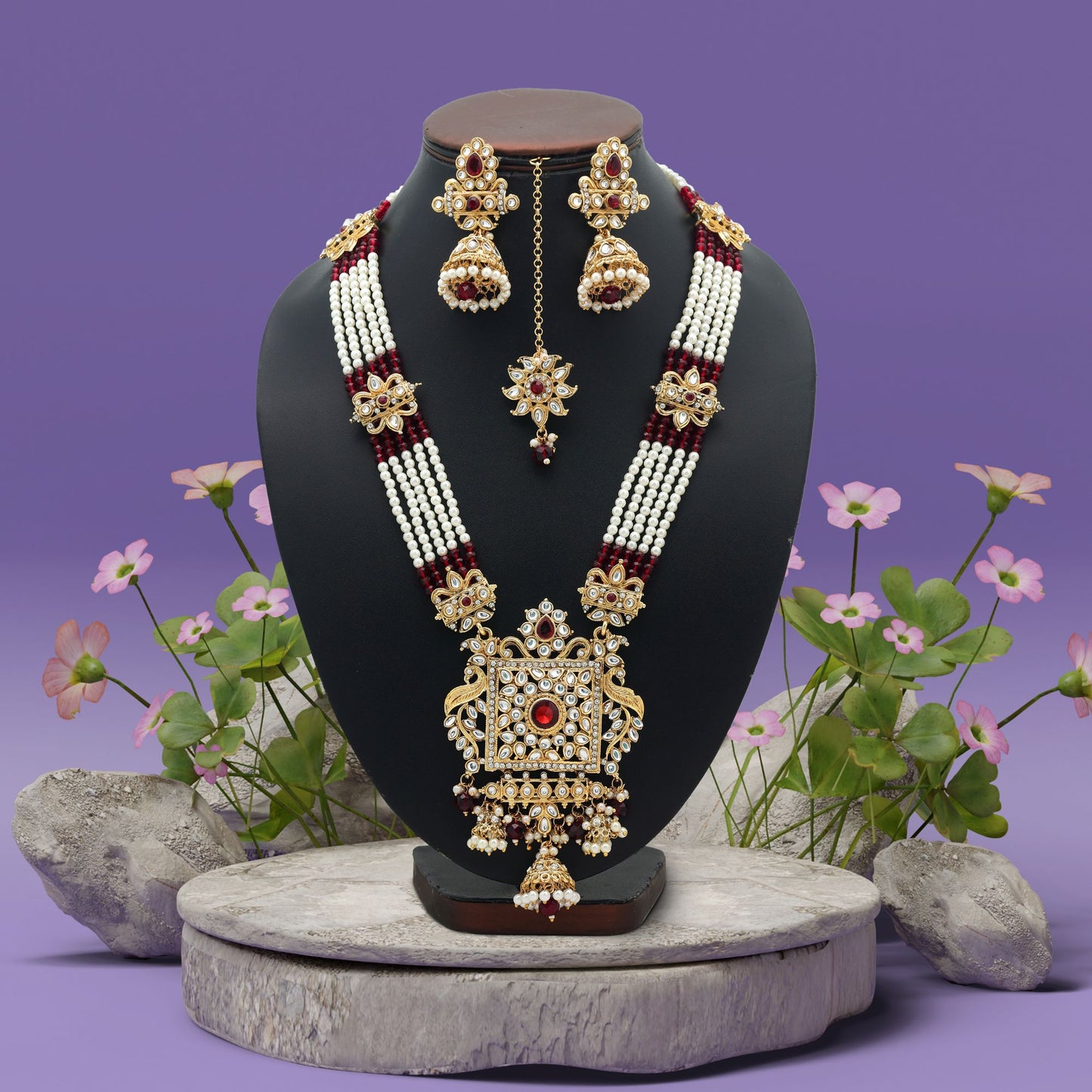 Premium Maroon Color Long Kundan Necklace Set For Wedding Festive Occasions