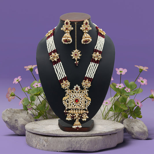 Premium Maroon Color Long Kundan Necklace Set For Wedding Festive Occasions
