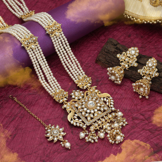Stylish White Color Long Kundan Necklace Set For Traditional Party Styling