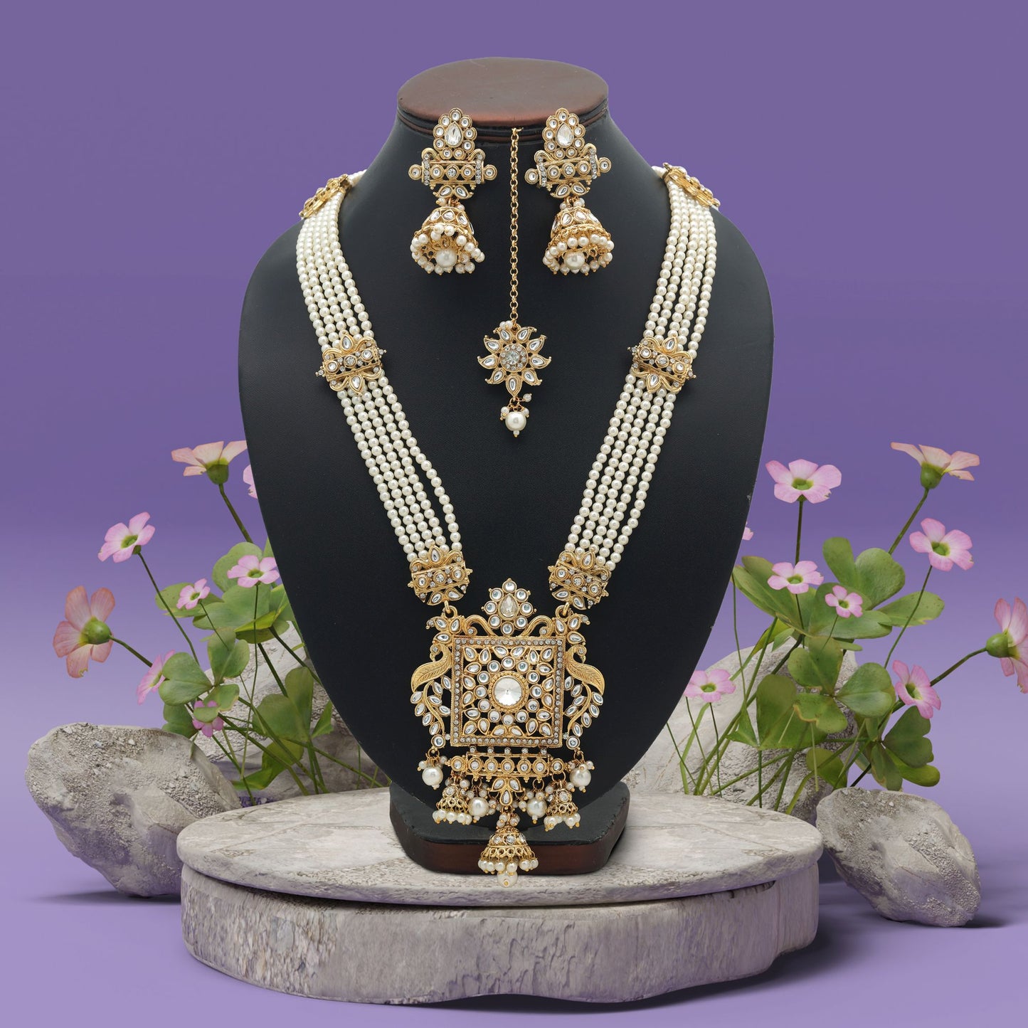 Stylish White Color Long Kundan Necklace Set For Traditional Party Styling