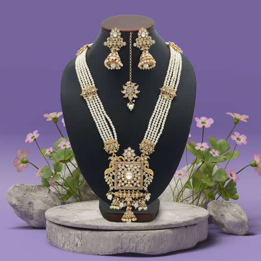 Stylish White Color Long Kundan Necklace Set For Traditional Party Styling