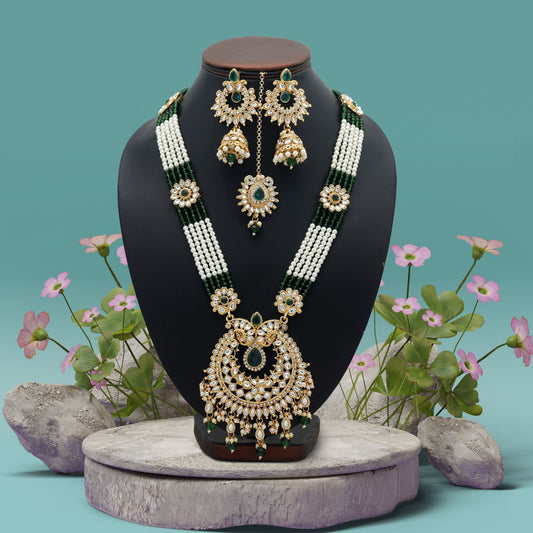 Graceful Green Color Long Kundan Necklace Set With Traditional Fashion Style