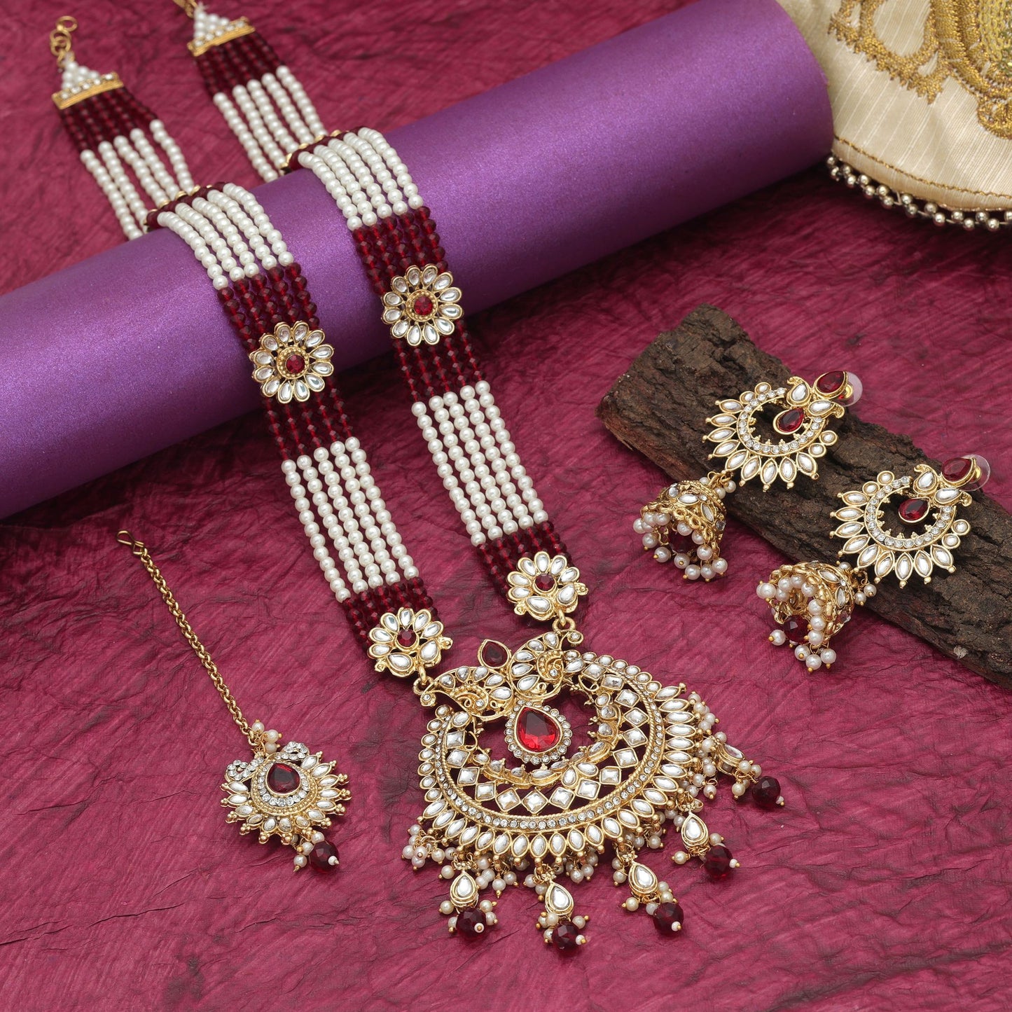 Beautiful Maroon Color Long Kundan Necklace Set With Designer Bridal Elegance