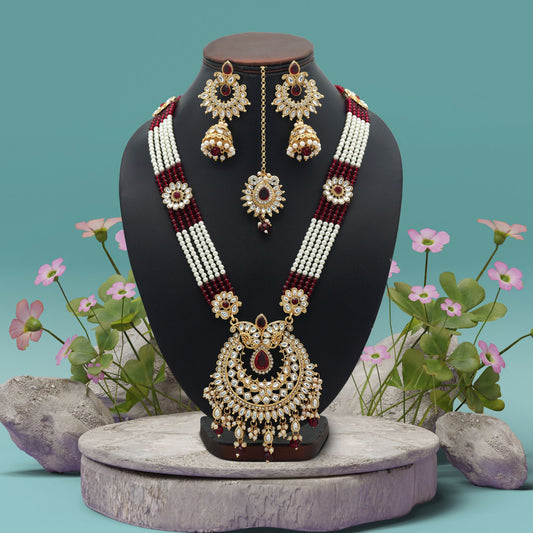 Beautiful Maroon Color Long Kundan Necklace Set With Designer Bridal Elegance