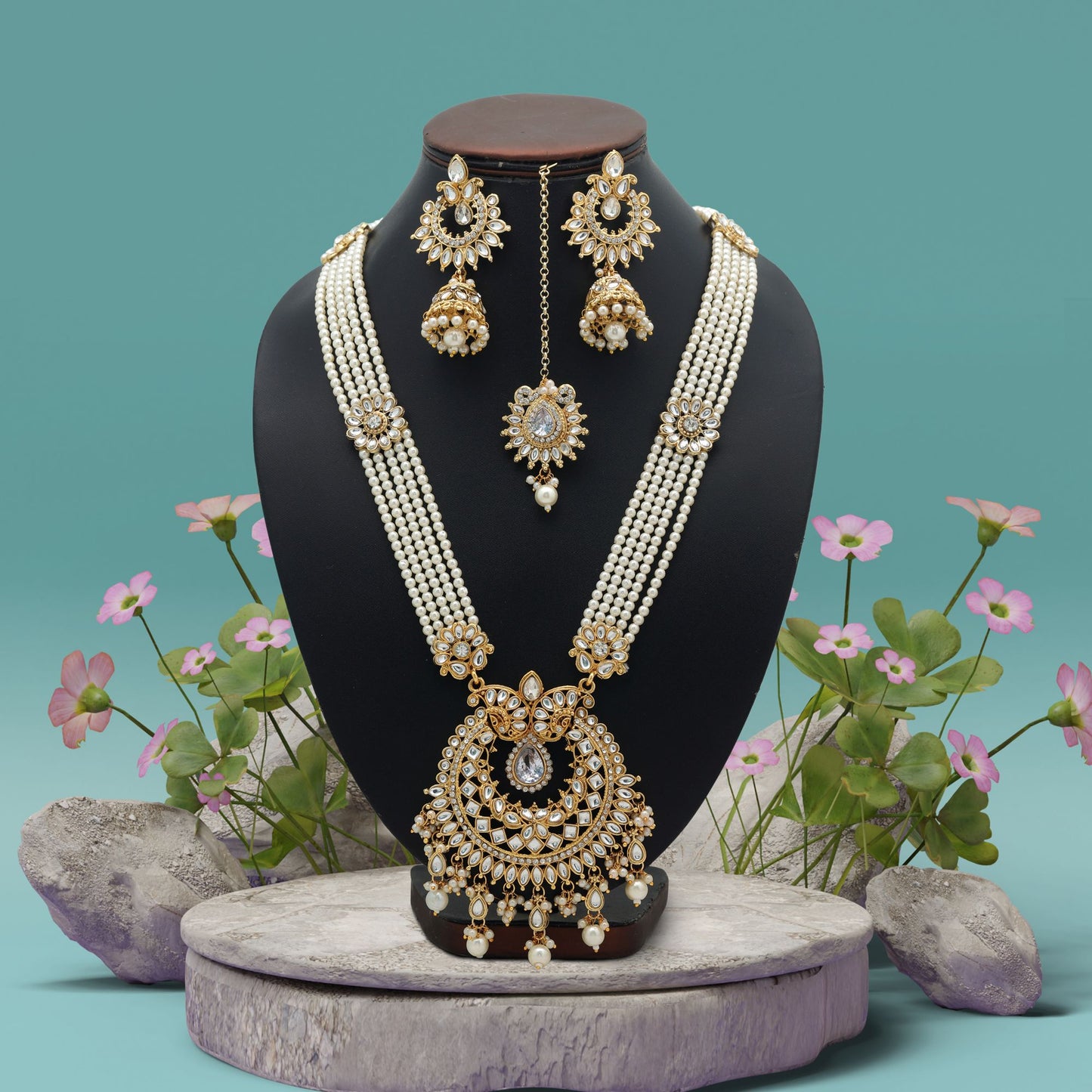 Royal White Color Long Kundan Necklace Set For Women Ethnic Collection