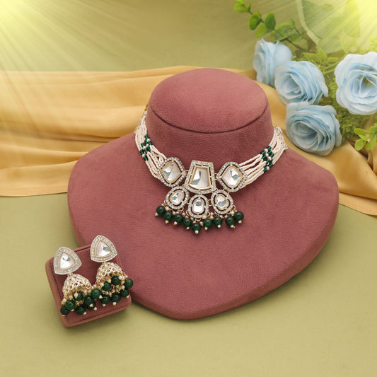 Stylish Green Color Choker Kundan Necklace Set With Elegant Traditional Design
