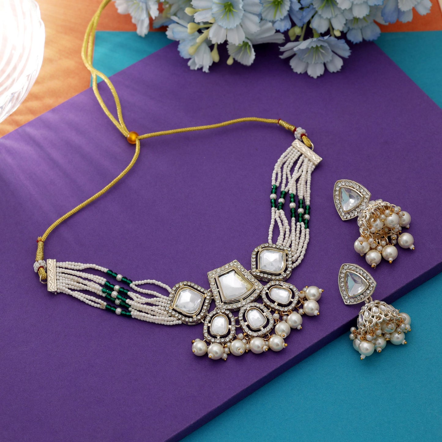 Elegant White Color Choker Kundan Necklace Set For Women Bridal Fashion