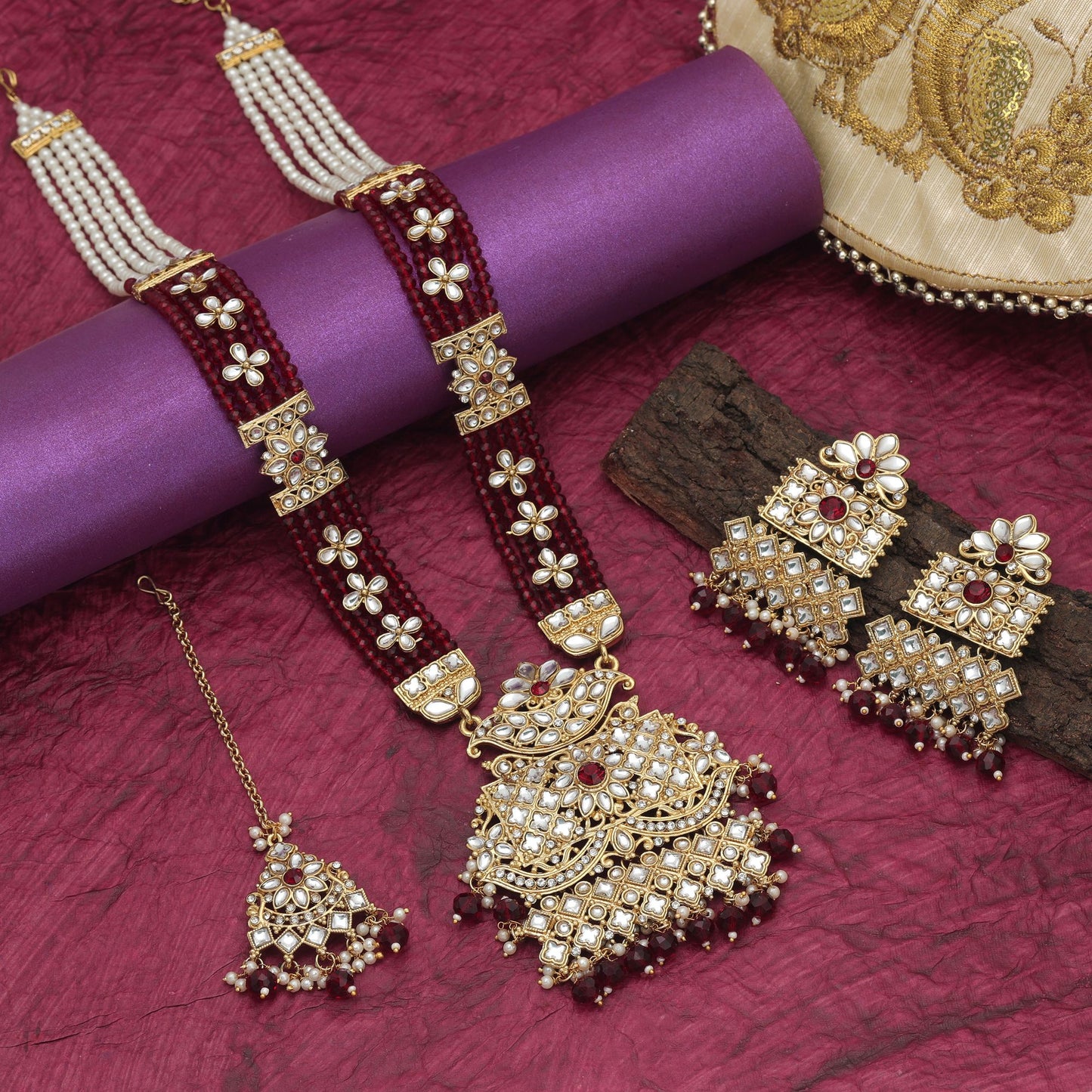 Attractive Maroon Color Long Kundan Necklace Set With Ethnic Royal Finish