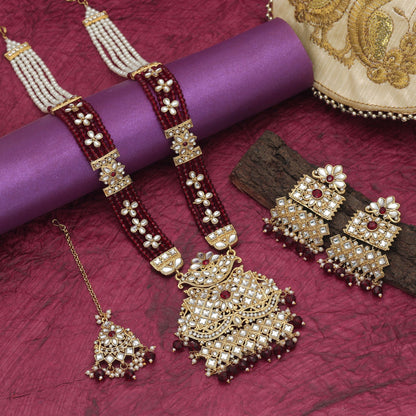 Attractive Maroon Color Long Kundan Necklace Set With Ethnic Royal Finish