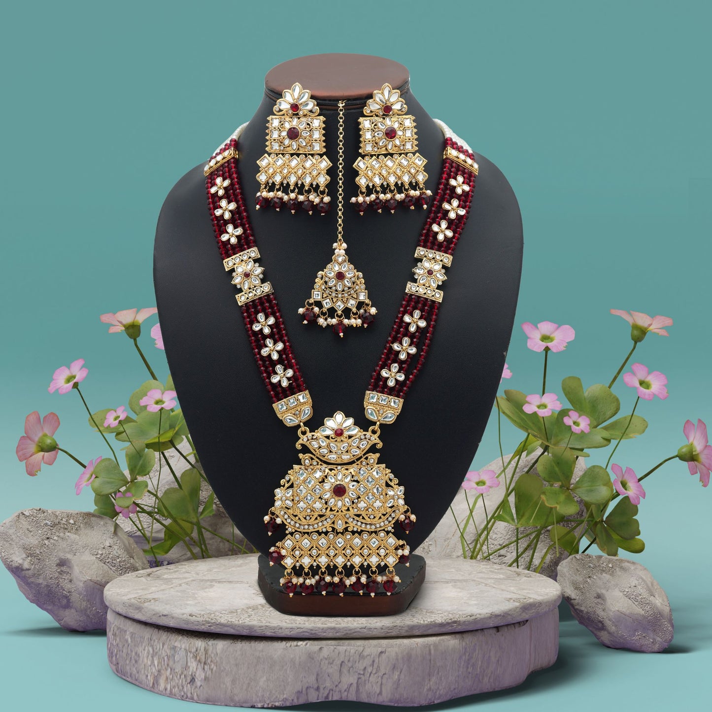 Attractive Maroon Color Long Kundan Necklace Set With Ethnic Royal Finish