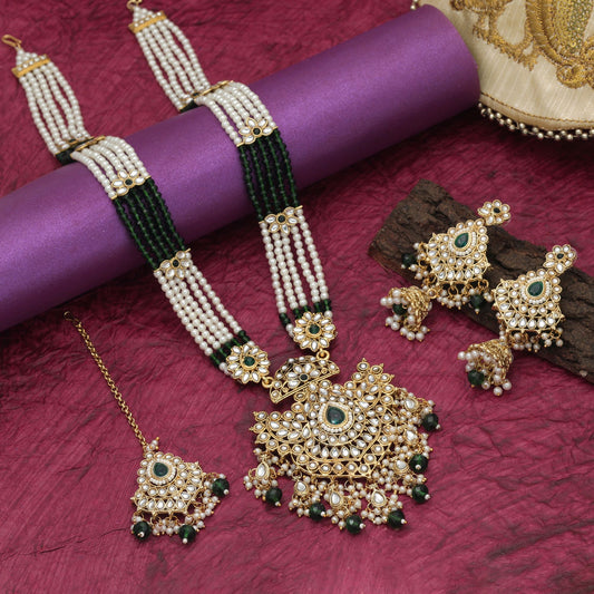 Royal Green Color Long Kundan Necklace Set For Wedding Party Collection