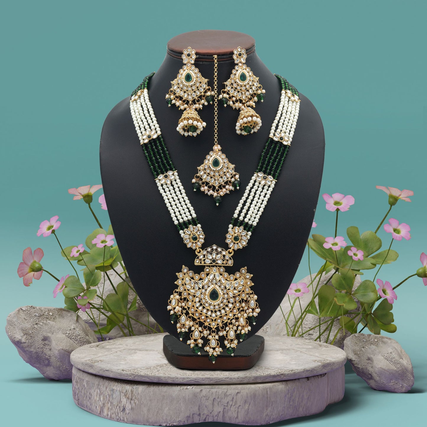 Royal Green Color Long Kundan Necklace Set For Wedding Party Collection