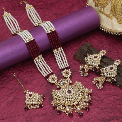 Graceful Maroon Color Long Kundan Necklace Set With Festive Ethnic Styling