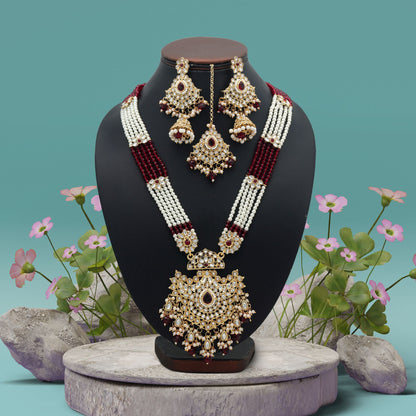 Graceful Maroon Color Long Kundan Necklace Set With Festive Ethnic Styling