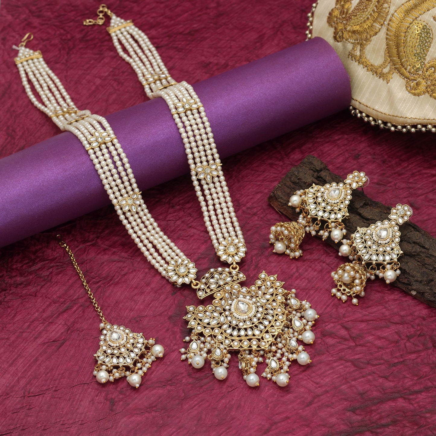 Premium White Color Long Kundan Necklace Set For Traditional Bridal Wear