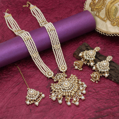 Premium White Color Long Kundan Necklace Set For Traditional Bridal Wear