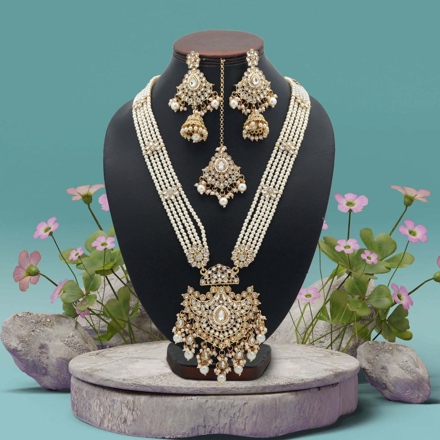 Premium White Color Long Kundan Necklace Set For Traditional Bridal Wear