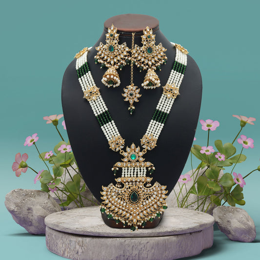 Stylish Green Color Long Kundan Necklace Set For Women Ethnic Fashion