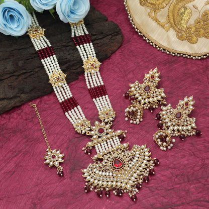 Elegant Maroon Color Long Kundan Necklace Set With Traditional Designer Touch