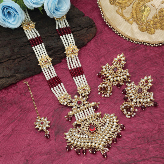 Elegant Maroon Color Long Kundan Necklace Set With Traditional Designer Touch