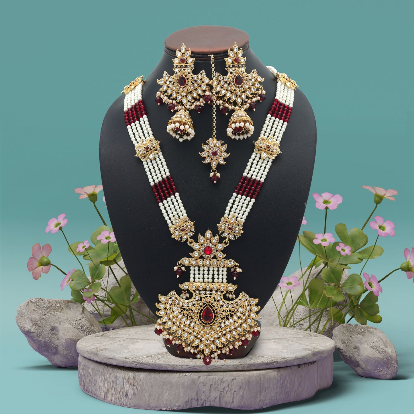 Elegant Maroon Color Long Kundan Necklace Set With Traditional Designer Touch
