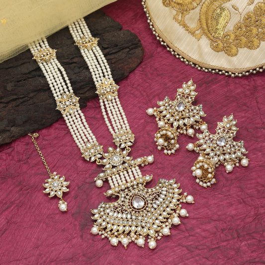 Charming White Color Long Kundan Necklace Set With Bridal Traditional Elegance