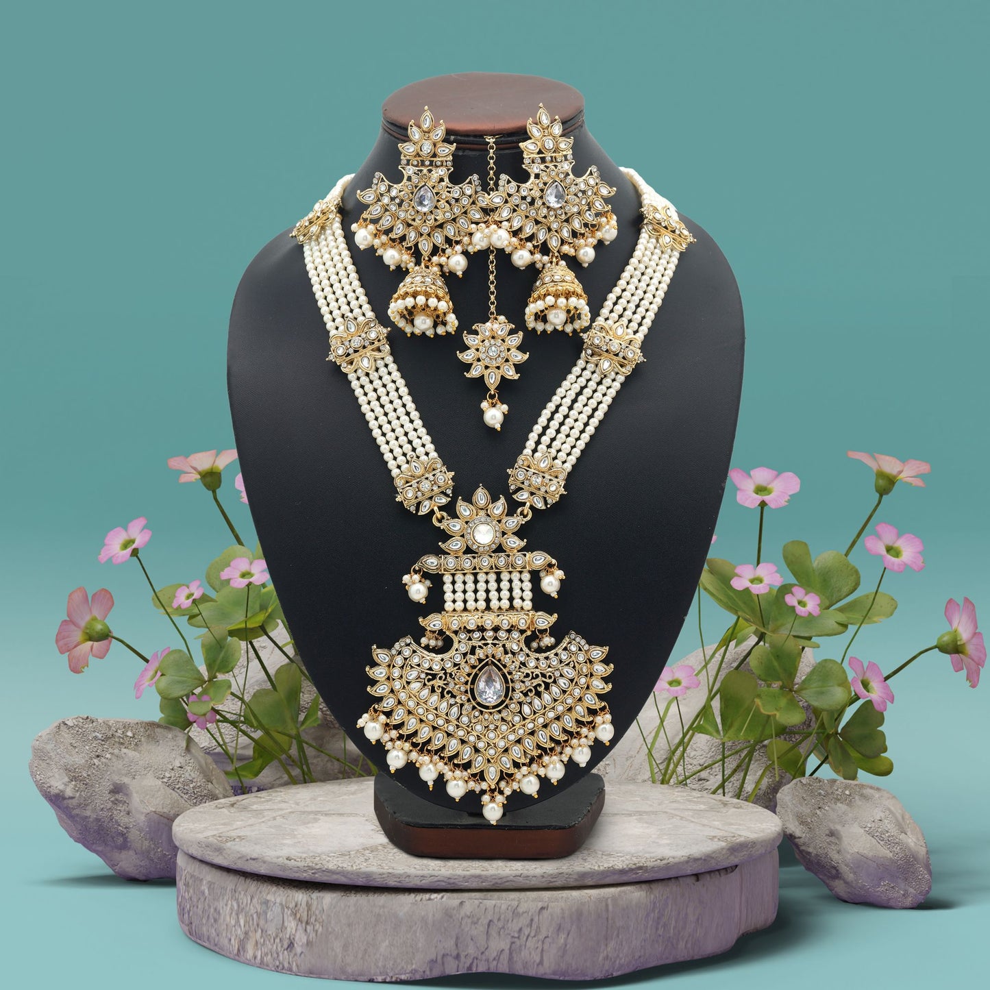 Charming White Color Long Kundan Necklace Set With Bridal Traditional Elegance