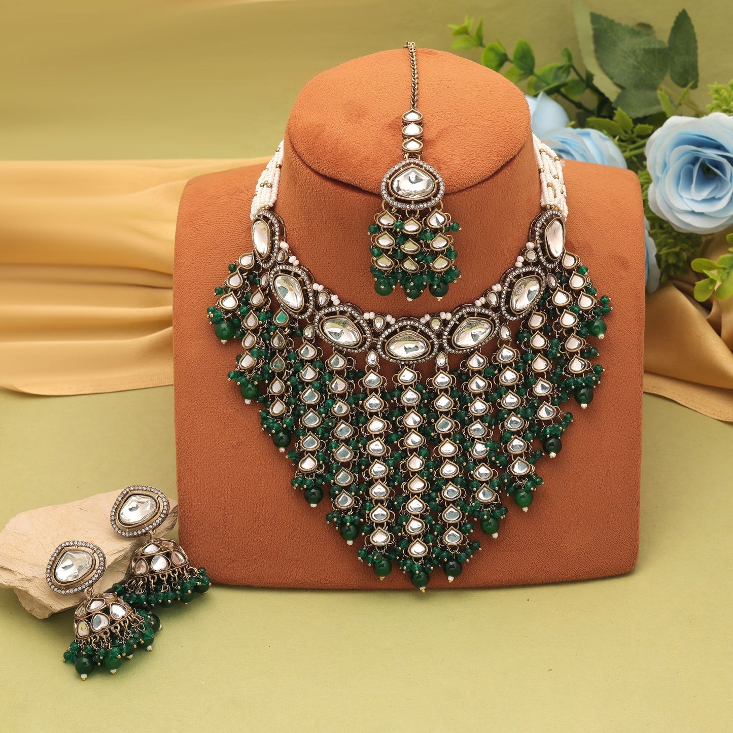Stylish Green Color Kundan Necklace Set For Women Traditional Fashion Styling