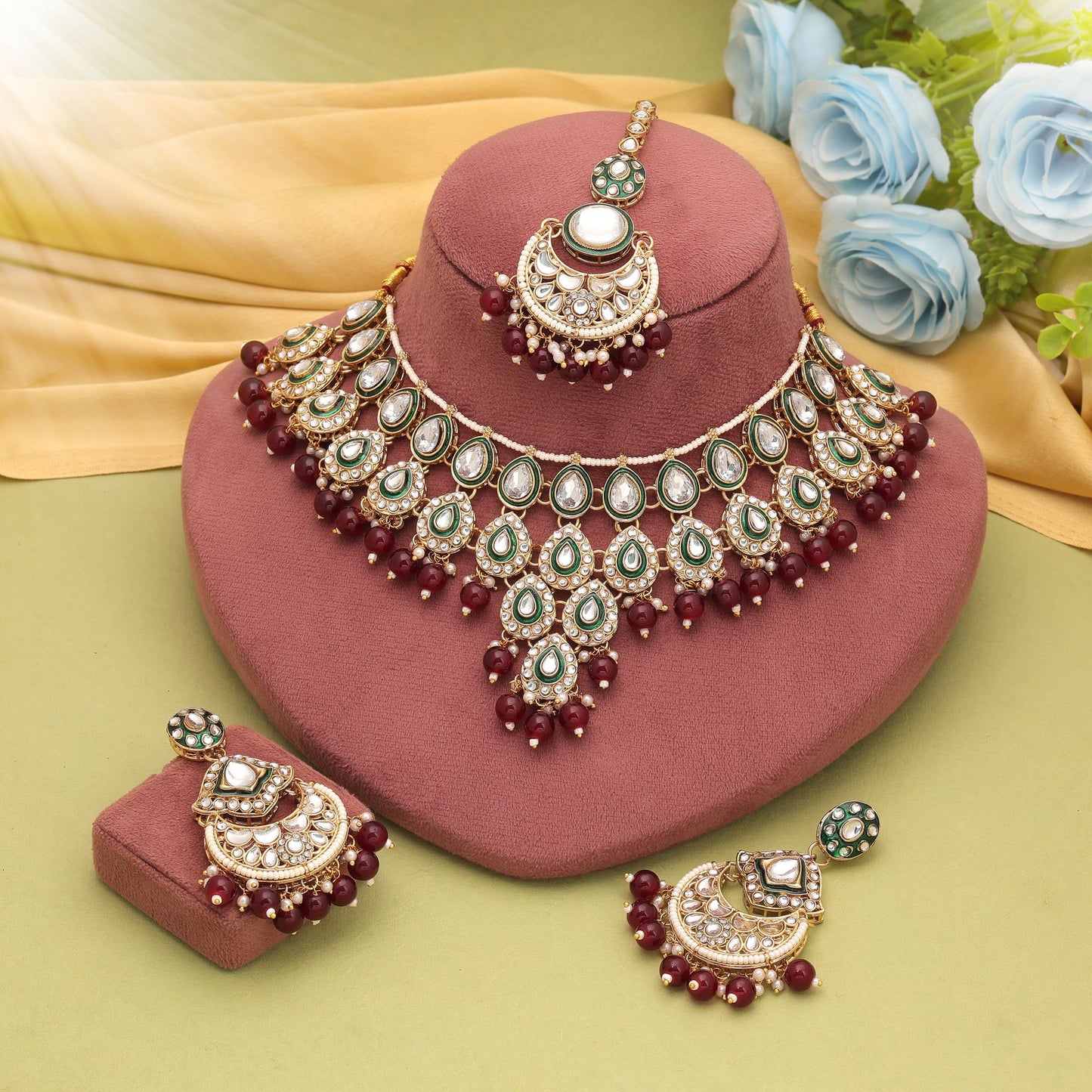 Premium Maroon Color Kundan Necklace Set For Wedding Party Wear Styling