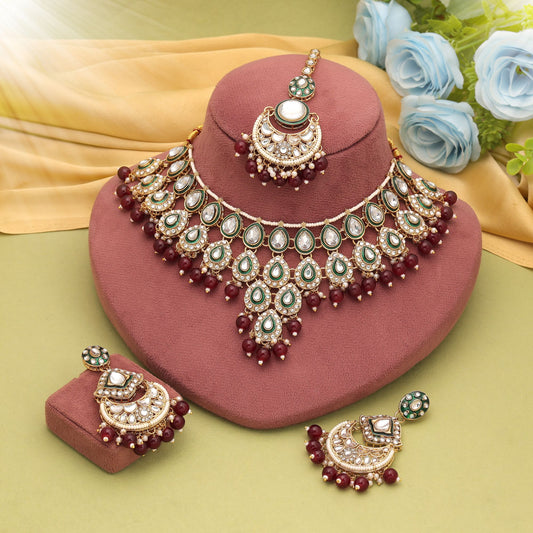 Premium Maroon Color Kundan Necklace Set For Wedding Party Wear Styling